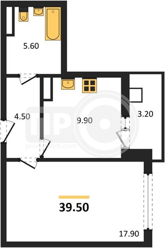 1-комнатная квартира, 39.5кв.м