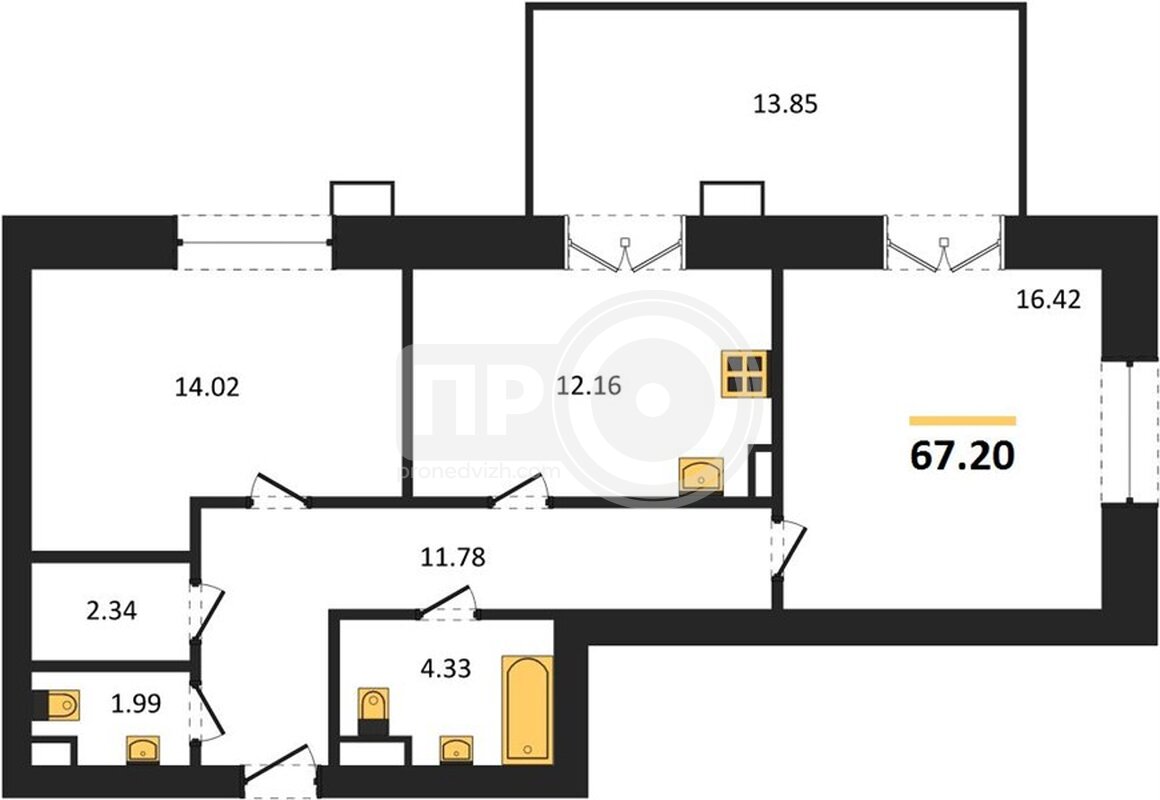2-комнатная квартира, 67.2кв.м