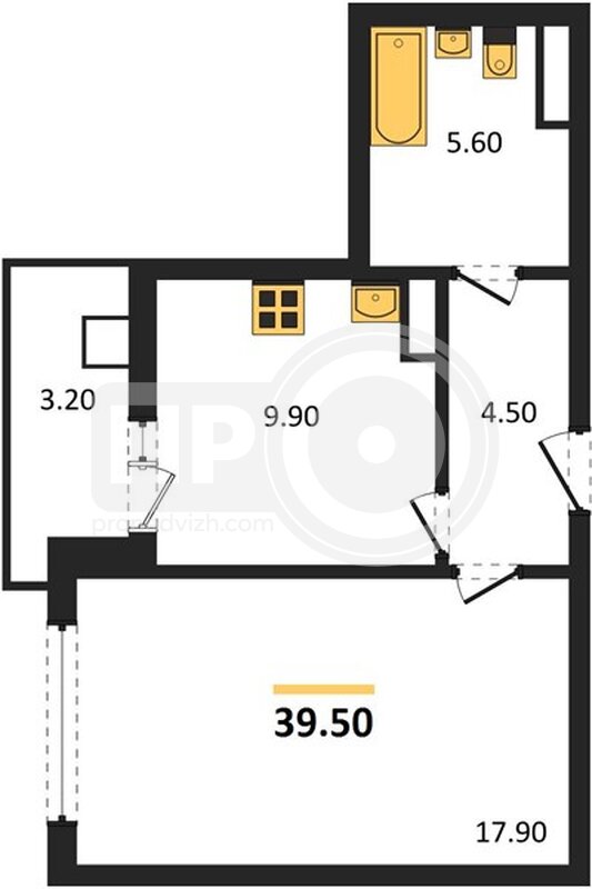 1-комнатная квартира, 39.5кв.м