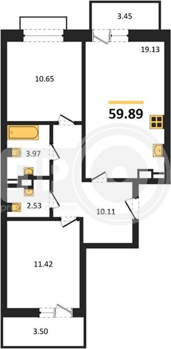 Миниатюра 2-комнатная квартира, 59.89кв.м