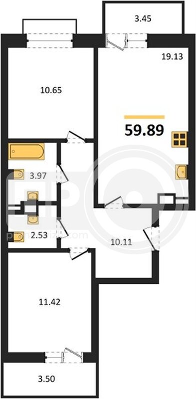 2-комнатная квартира, 59.89кв.м