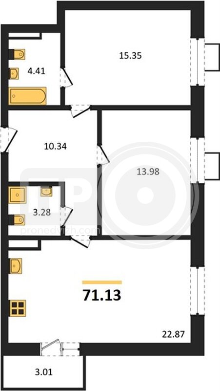 2-комнатная квартира, 71.13кв.м