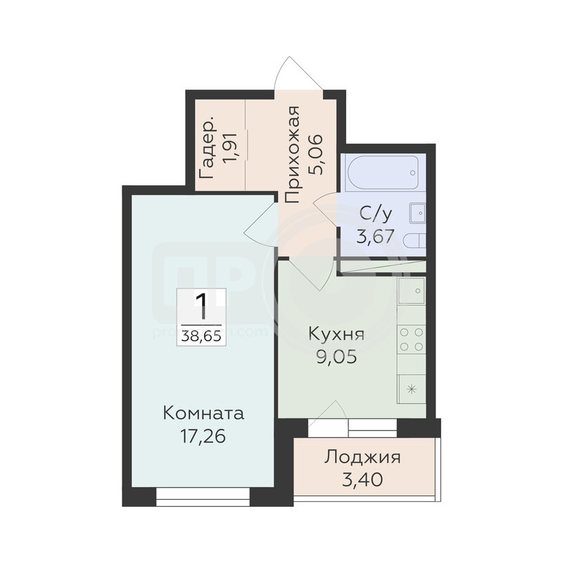 1-комнатная квартира, 38.65кв.м