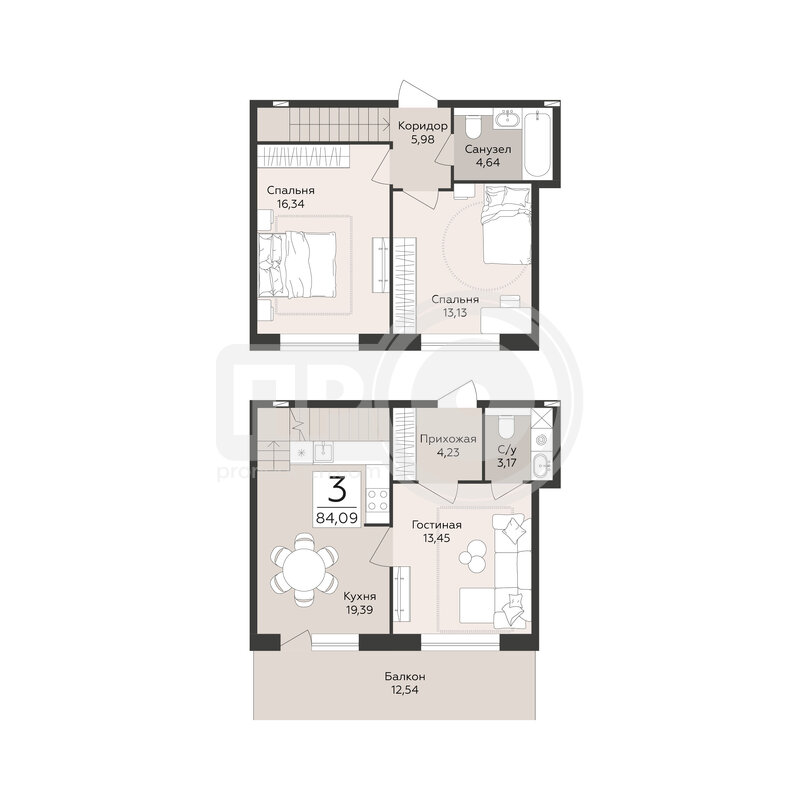 3-комнатная квартира, 84.09кв.м