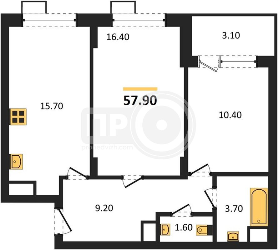 2-комнатная квартира, 57.9кв.м