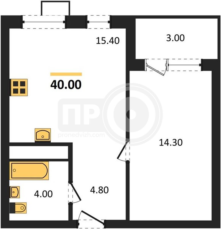 1-комнатная квартира, 40кв.м