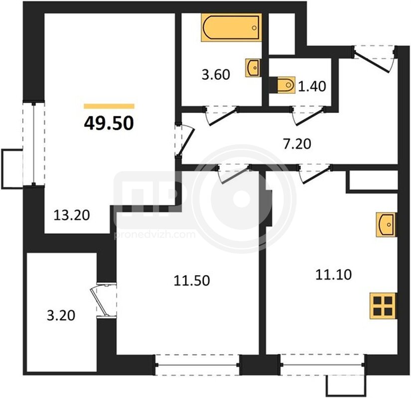 2-комнатная квартира, 49.5кв.м