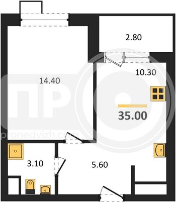 Миниатюра 1-комнатная квартира, 35кв.м