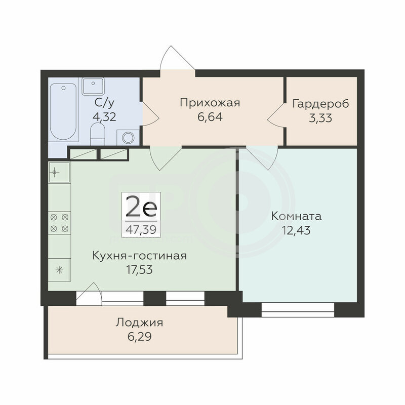 2-комнатная квартира, 47.39кв.м