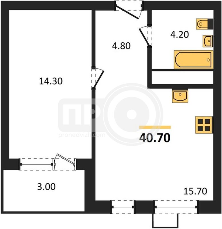 1-комнатная квартира, 40.7кв.м