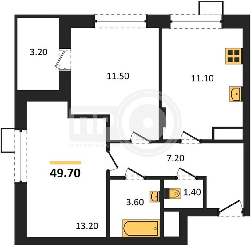 2-комнатная квартира, 49.7кв.м