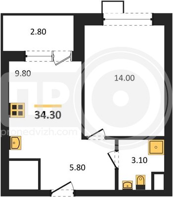 Миниатюра 1-комнатная квартира, 34.3кв.м