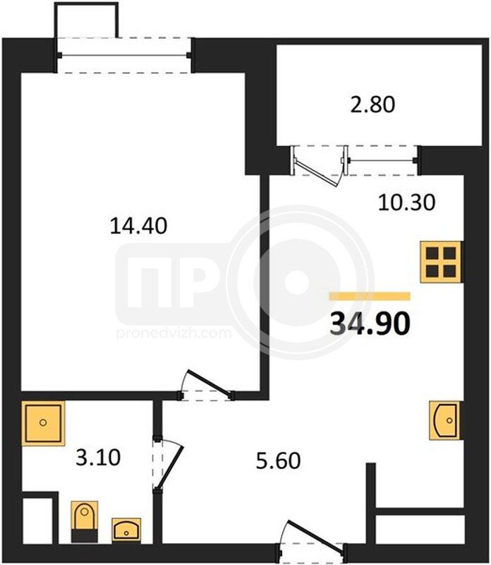 1-комнатная квартира, 34.9кв.м