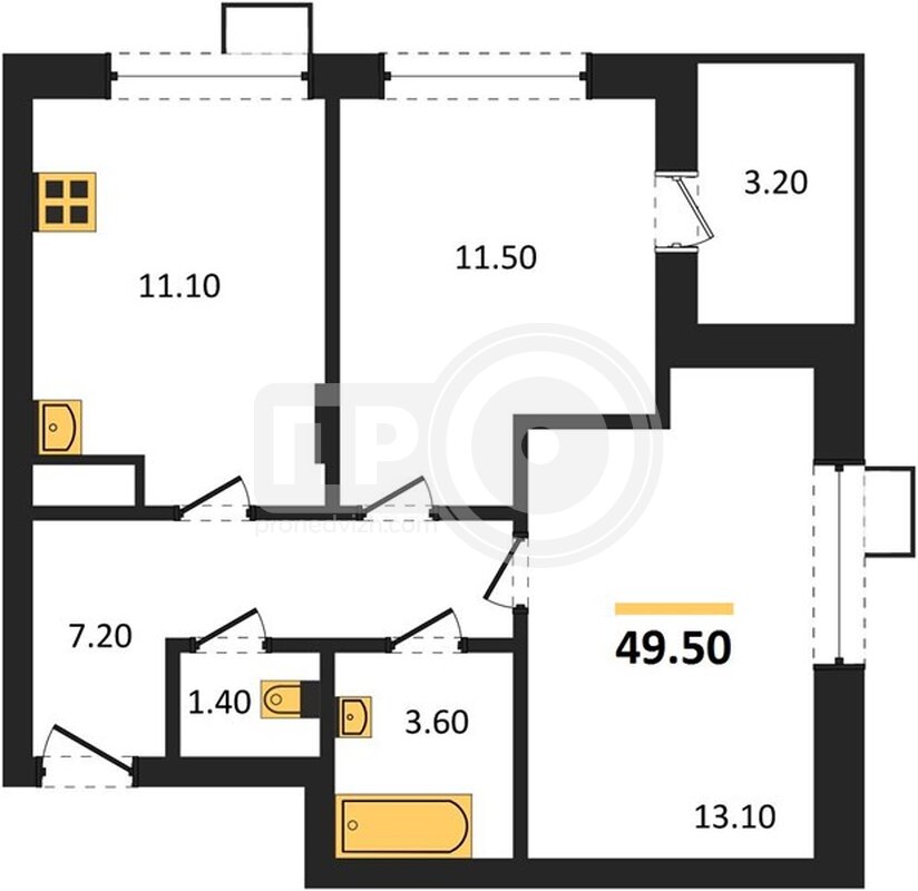 2-комнатная квартира, 49.5кв.м