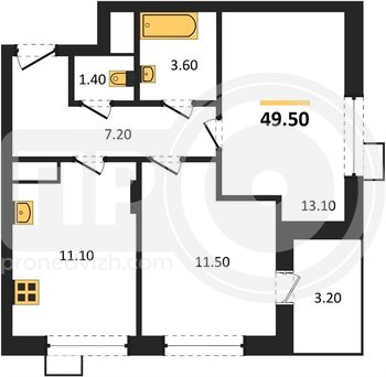 Миниатюра 2-комнатная квартира, 49.5кв.м