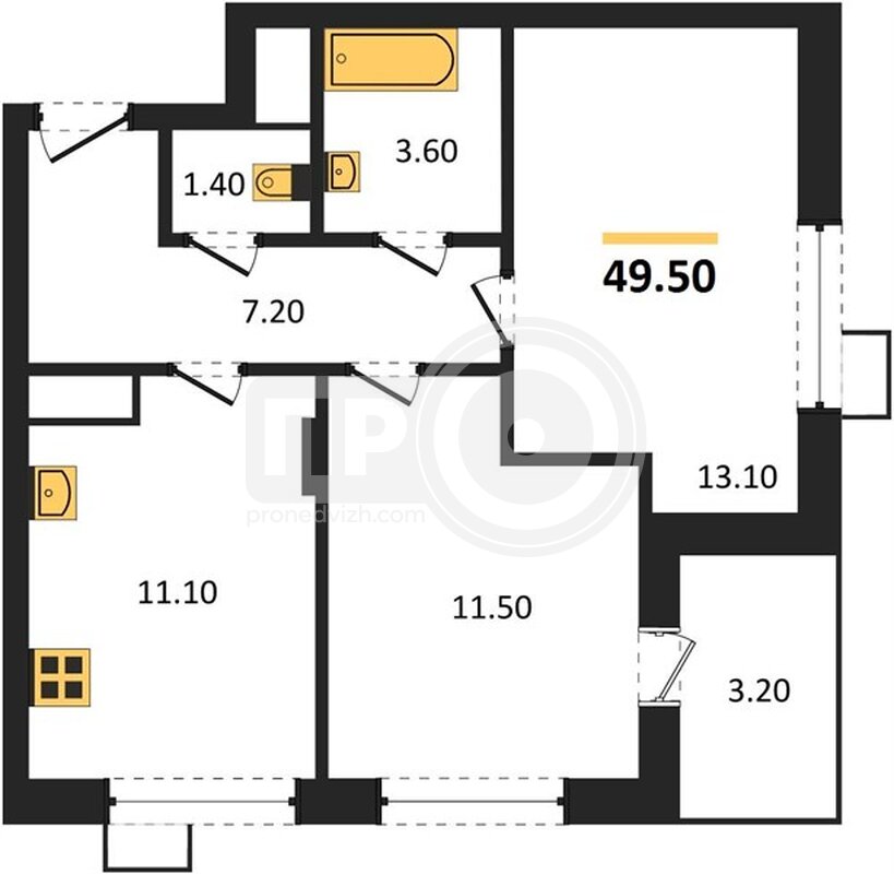 2-комнатная квартира, 49.5кв.м