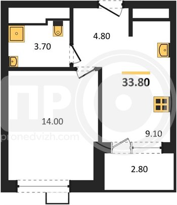 Миниатюра 1-комнатная квартира, 33.8кв.м