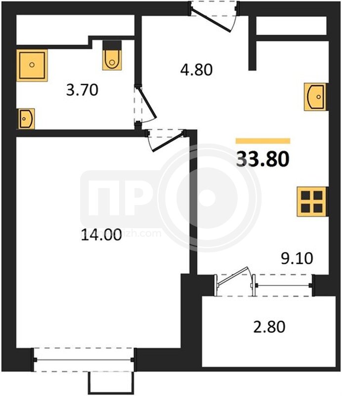 1-комнатная квартира, 33.8кв.м