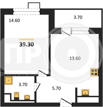 Миниатюра 1-комнатная квартира, 39.3кв.м