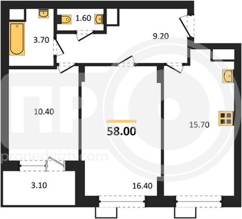 Миниатюра 2-комнатная квартира, 58кв.м