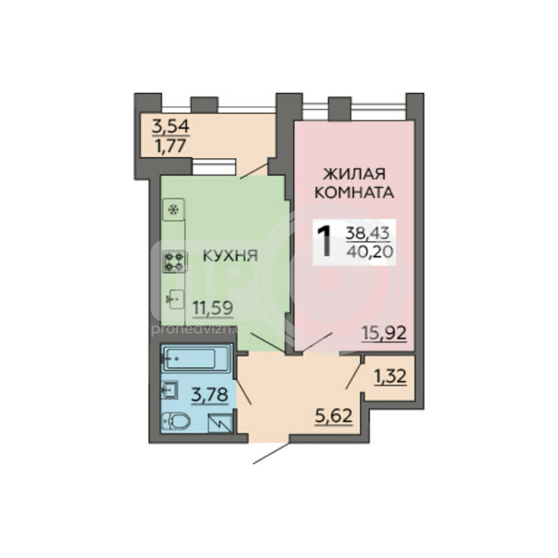 1-комнатная квартира, 40.2кв.м