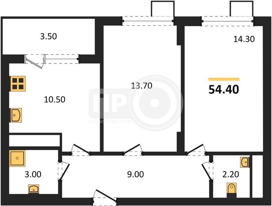2-комнатная квартира, 54.4кв.м