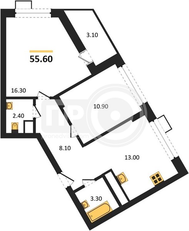 2-комнатная квартира, 55.6кв.м