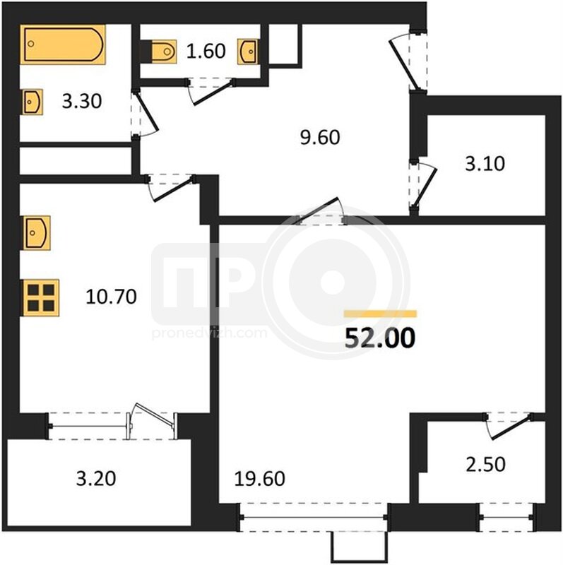 1-комнатная квартира, 52кв.м
