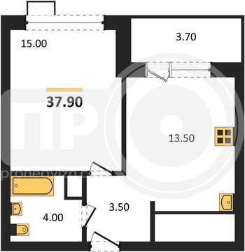Миниатюра 1-комнатная квартира, 37.9кв.м