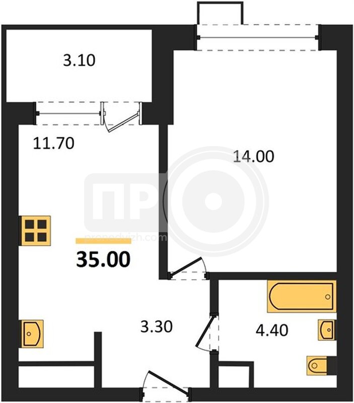 1-комнатная квартира, 35кв.м