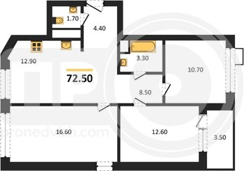 Миниатюра 3-комнатная квартира, 72.5кв.м