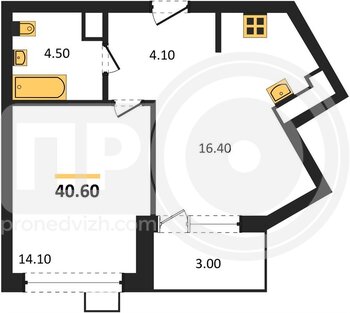Миниатюра 1-комнатная квартира, 40.6кв.м