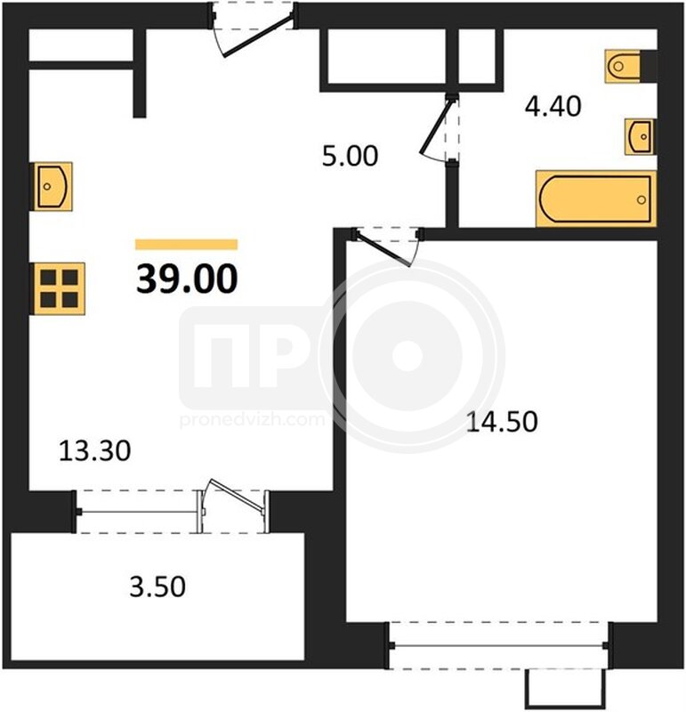 1-комнатная квартира, 39кв.м