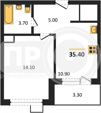 Миниатюра 1-комнатная квартира, 35.4кв.м