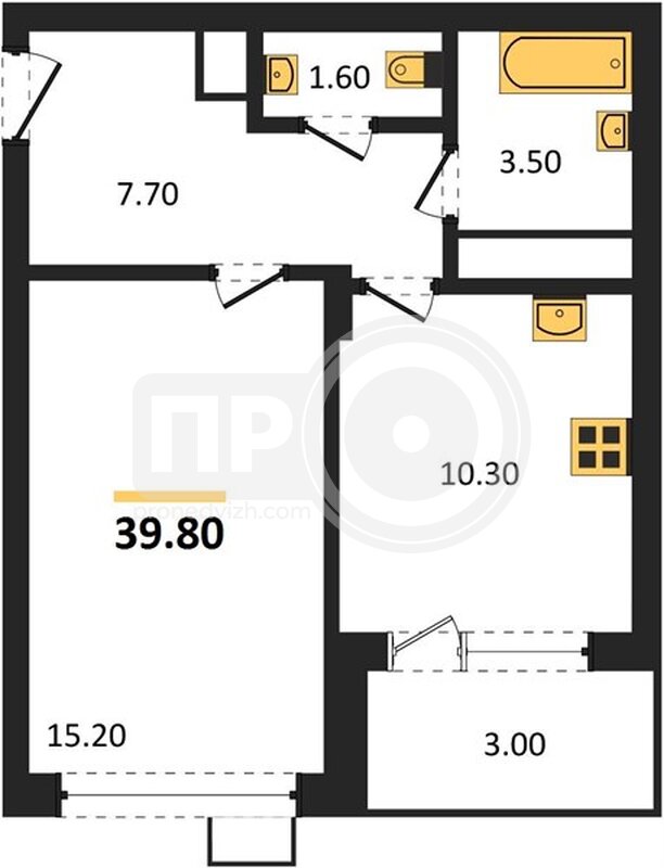1-комнатная квартира, 39.8кв.м