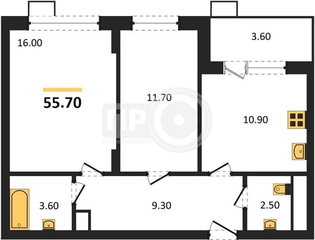 2-комнатная квартира, 55.7кв.м