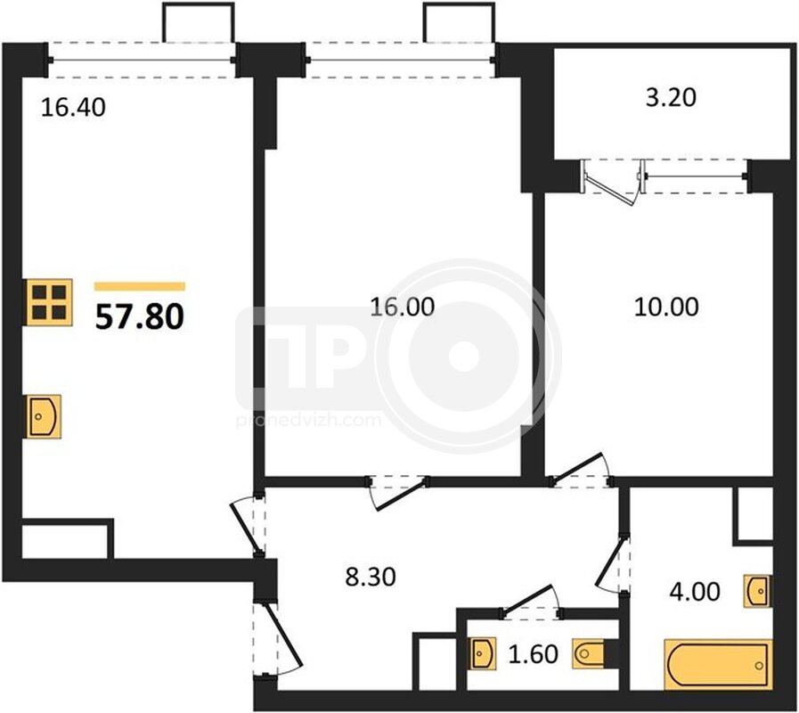 2-комнатная квартира, 57.8кв.м
