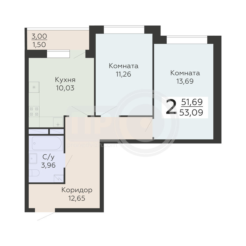 2-комнатная квартира, 53.09кв.м