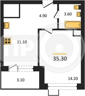 Миниатюра 1-комнатная квартира, 35.3кв.м