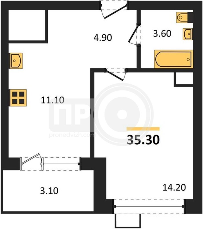 1-комнатная квартира, 35.3кв.м
