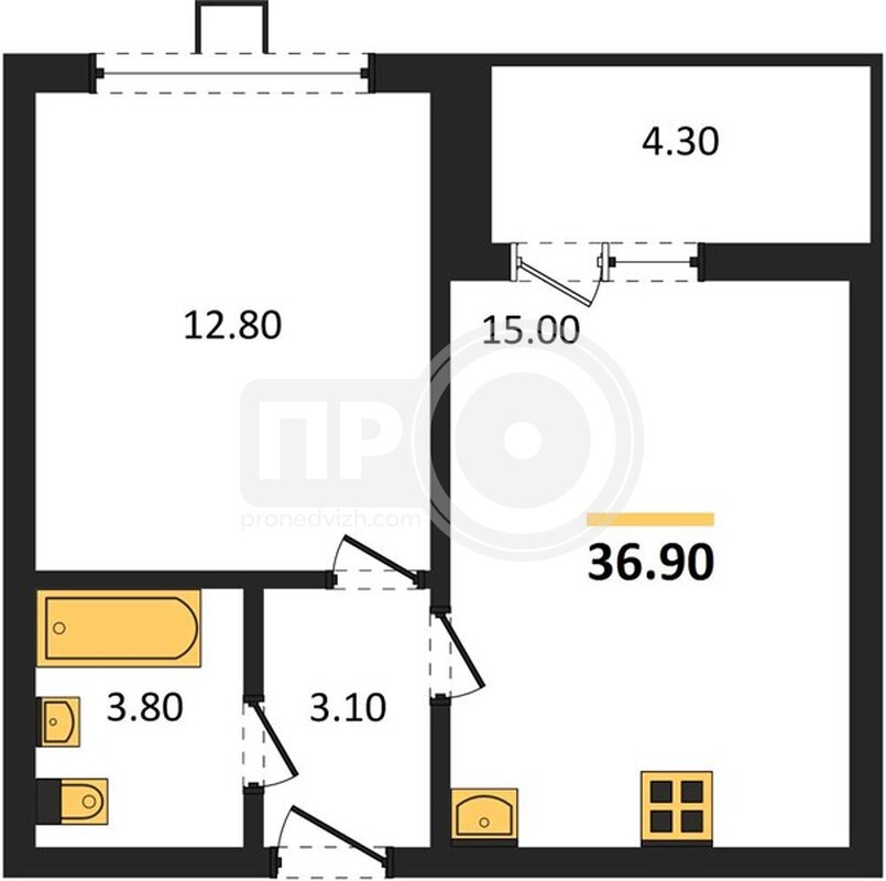 1-комнатная квартира, 36.9кв.м