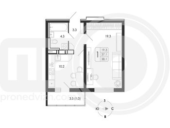 Миниатюра 1-комнатная квартира, 38.1кв.м