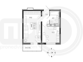 Миниатюра 1-комнатная квартира, 38.1кв.м