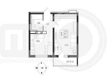 Миниатюра 1-комнатная квартира, 38.2кв.м