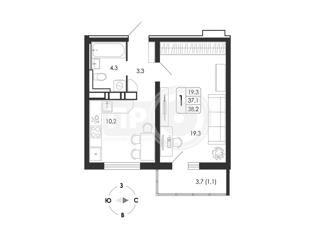 1-комнатная квартира, 38.2кв.м