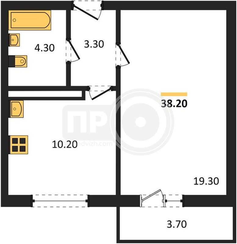 1-комнатная квартира, 38.2кв.м