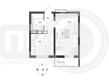Миниатюра 1-комнатная квартира, 38.2кв.м