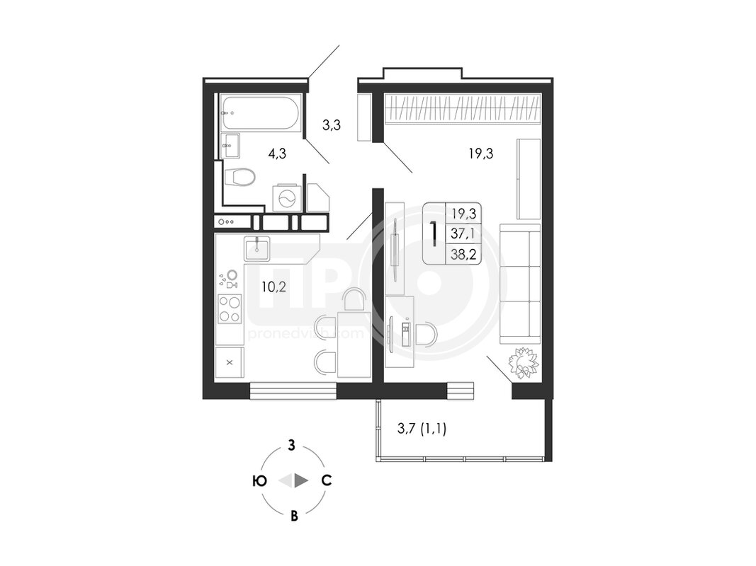 1-комнатная квартира, 38.2кв.м