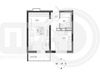 Миниатюра 1-комнатная квартира, 38.1кв.м