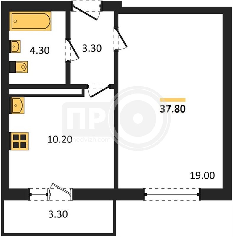 1-комнатная квартира, 37.8кв.м